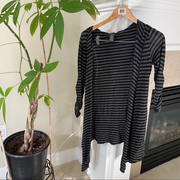 DEX Gray Black Thin Open Cardigan with Hood - Picture 3 of 7